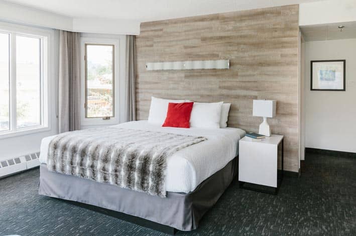 A king bed against a wooden wall with bright windows letting light in the room.