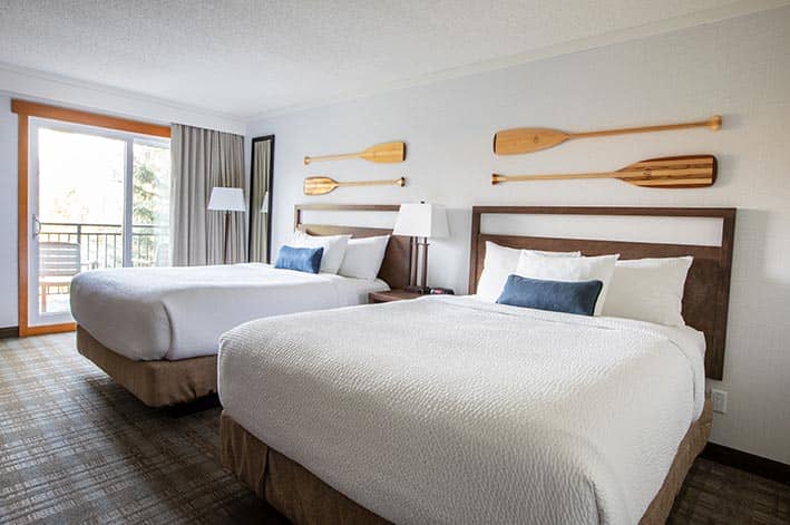 Two queen beds in a room at Pyramid Lake Lodge.