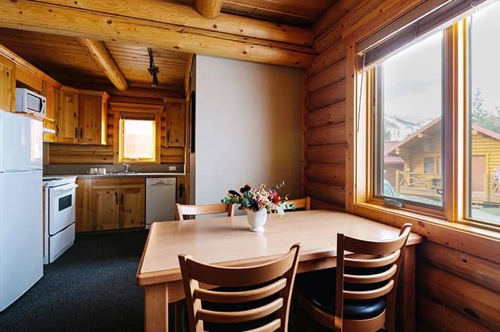 A full kitchen in a wooden cabin