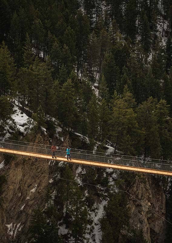 An aerial view of a wooden suspension bridge stretched over a forested canyon.