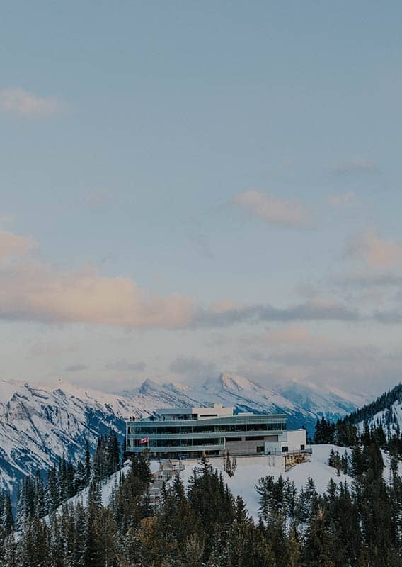 Banff Gondola summit building in winter with clear skies