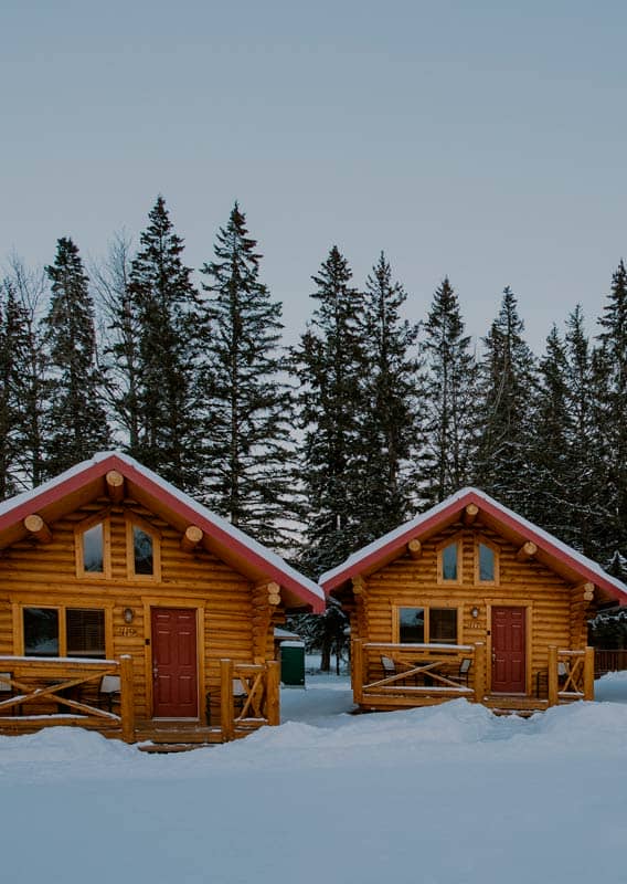 A row of wooden cabins in a snowy forest.