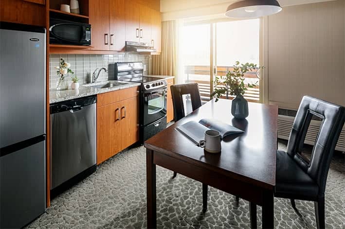 A hotel room kitchen