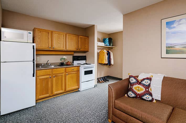 A kitchenette in a hotel room.