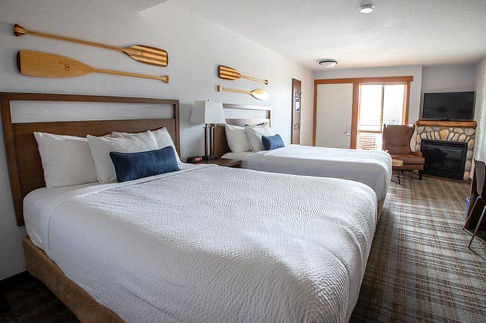 Two queen beds in a room at Pyramid Lake Lodge.