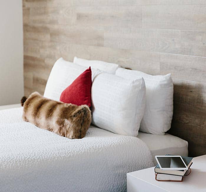 A hotel bed with a little bedside table.