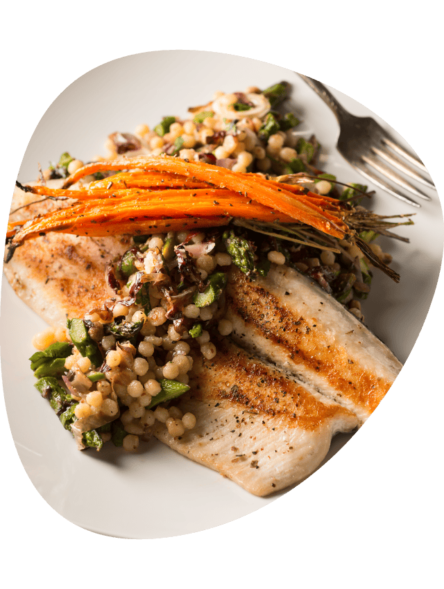 Seafood dish on a dinner plate.