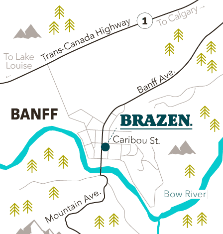 Map showing location of Brazen in downtown Banff.