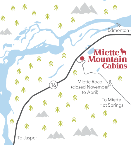 Map showing the location of Miette Mountain Cabins on Highway 16.