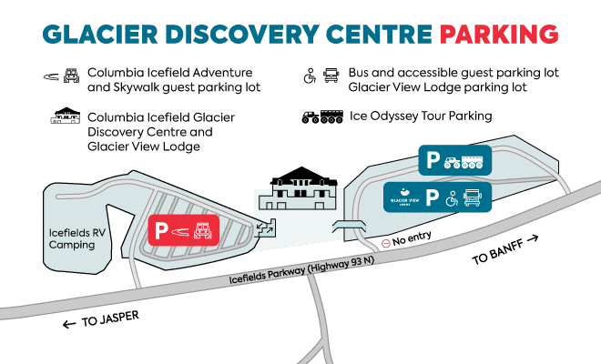 Map showing the parking lots at the Glacier Discovery Centre.