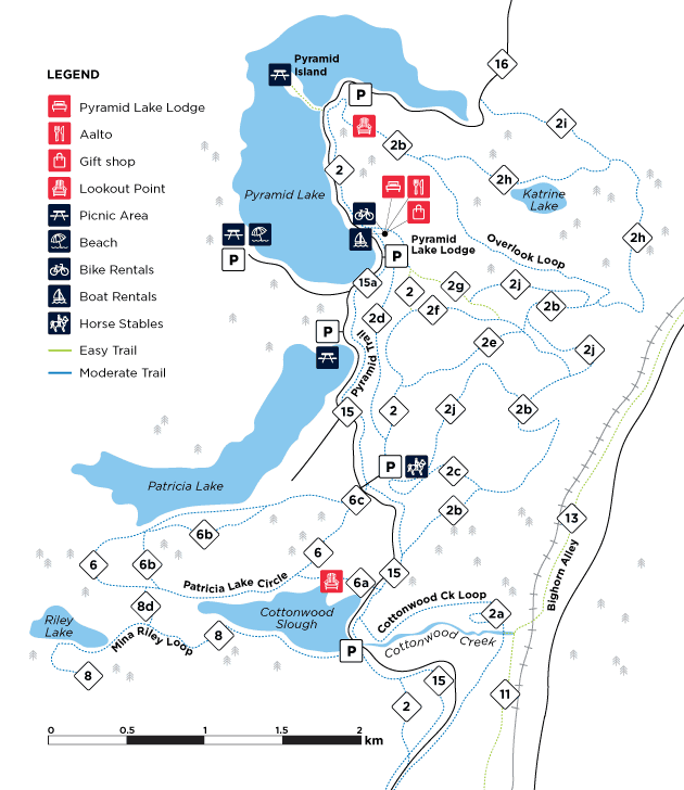 Map showing hiking trails around Pyramid Lake, Jasper.